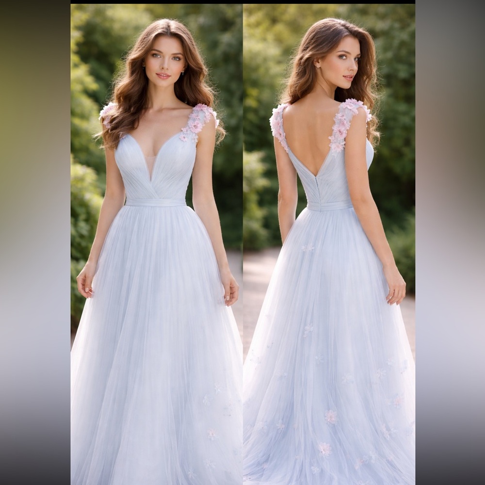 Pastel Baby blue floral sleeveless formal long gown